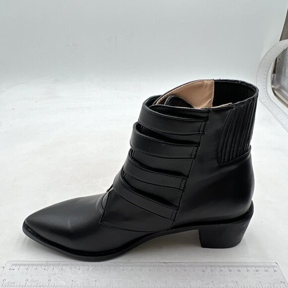 Black Straps Metal Buckle Pointed Toe Low Chunky Heels Ankle Booties for Women - Picture 2 of 7